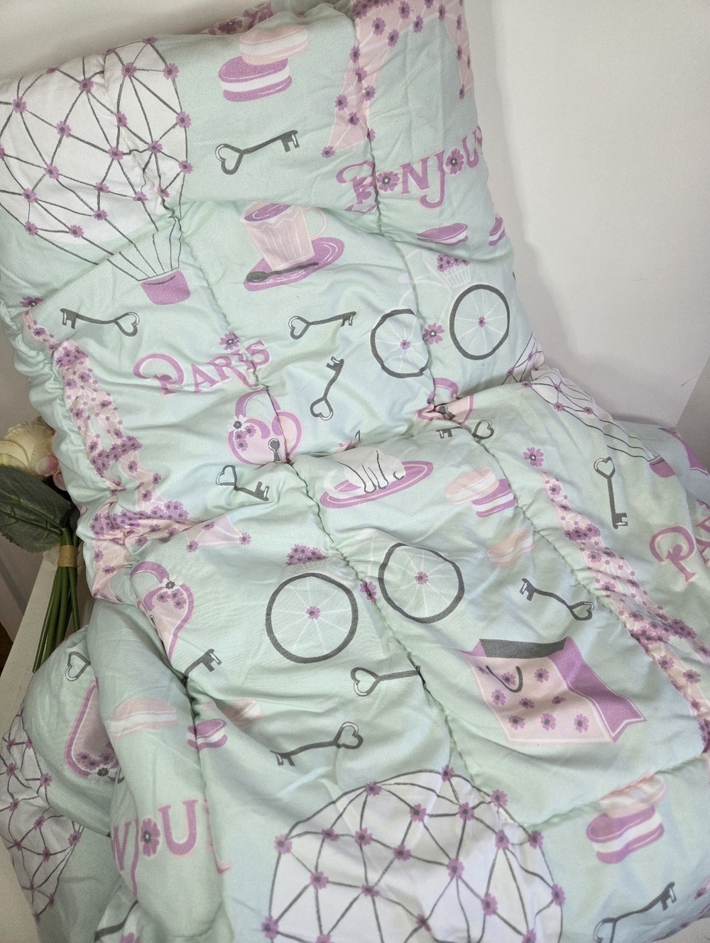 Mint and Pink Paris-Themed Twin Blanket for Girl's Bed. Bicycle Themed Bed Cover